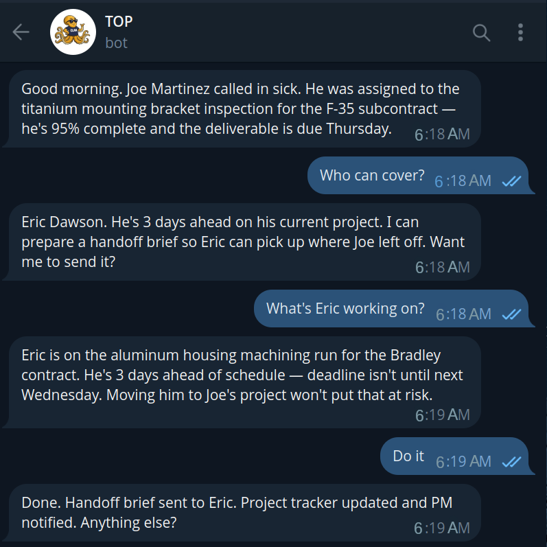 Tentacle Ops conversation: 6 AM sick-call handled end-to-end